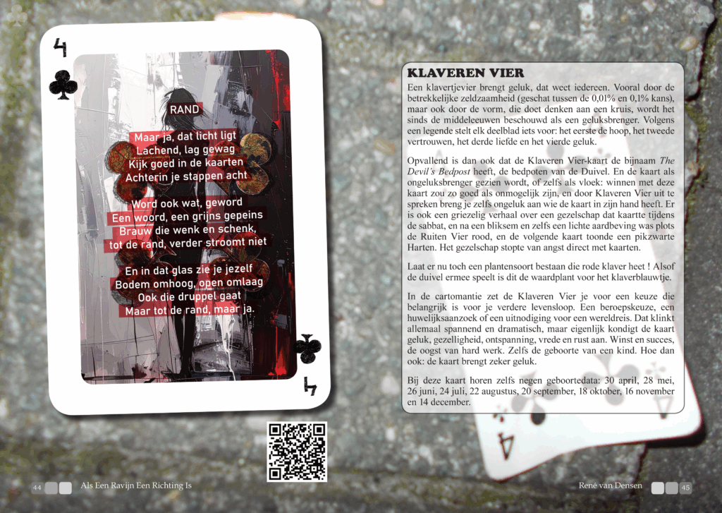 Klaveren Vier voorbeeld uit René van Densen’s dichtbundel kaartset “Als Een Ravijn Een Richting Is”