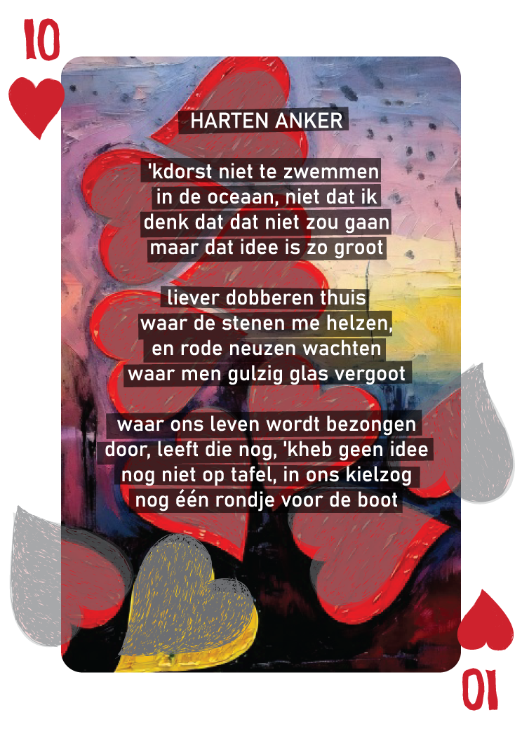 Harten Tien kaart uit René van Densen's dichtbundel kaartset “Als Een Ravijn Een Richting Is”