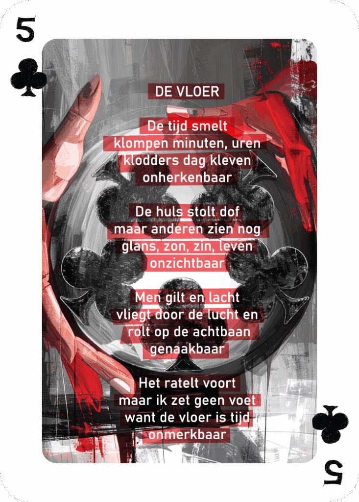 Klaveren Vijf kaart uit René van Densen's dichtbundel kaartset “Als Een Ravijn Een Richting Is”