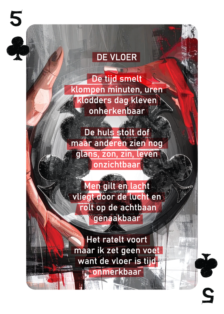 Klaveren Vijf kaart uit René van Densen's dichtbundel kaartset “Als Een Ravijn Een Richting Is”