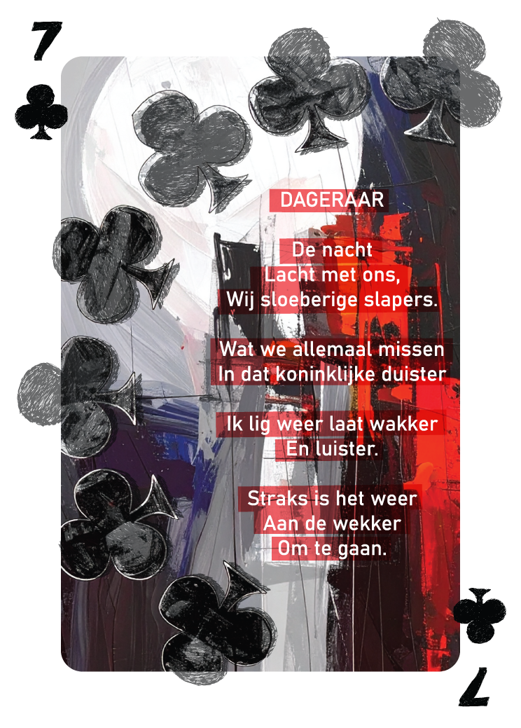 Klaveren 7 kaart zoals die in het kaartendeck en de dichtbundel opgenomen is met bovenstaand gedicht erop