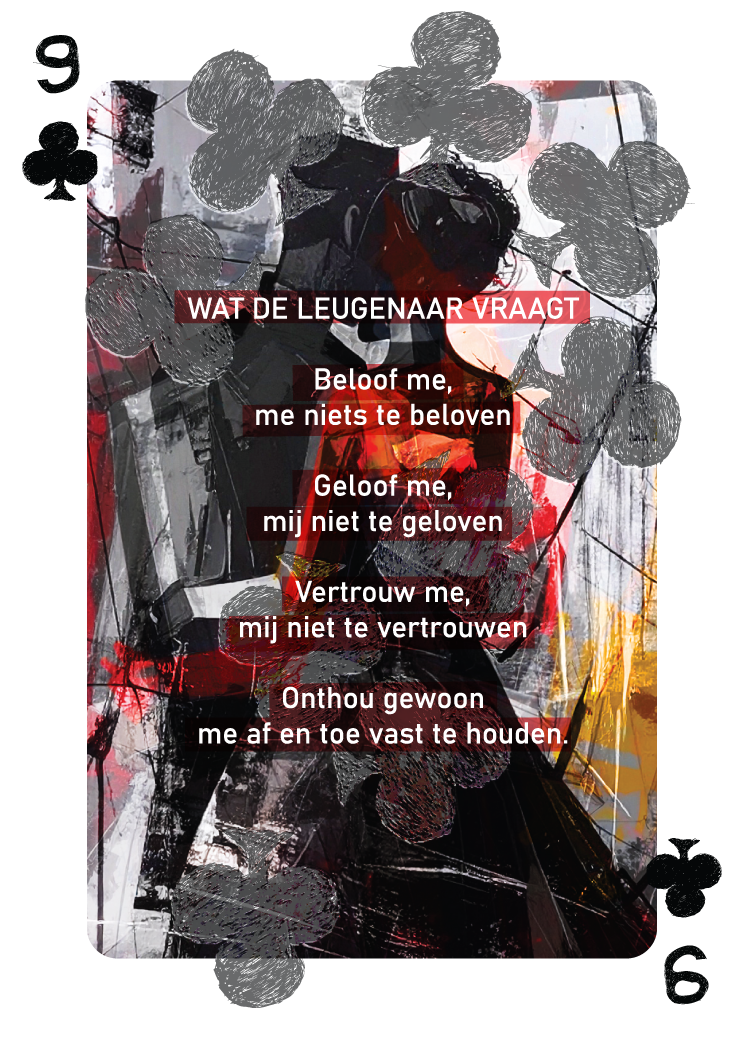 De Klaveren 9 kaart uit het deck en de speelkaartendichtbundel van René van Densen met dit gedicht erop