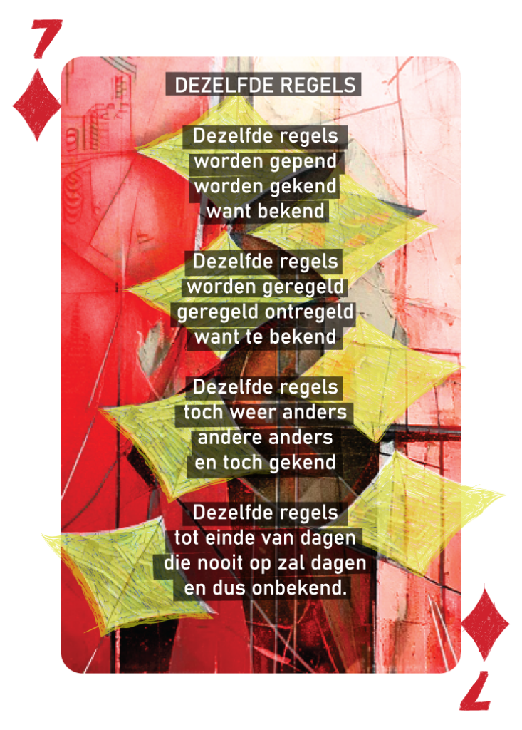 De zeven Ruiten-symbolen op deze kaart worden gestructureerd als een soort ritssluiting die onderaan nog half open is.