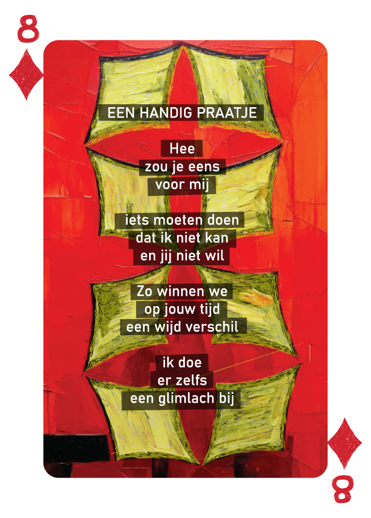 De Ruiten Acht kaart uit het gedichten kaartendeck van René van Densen, met bovenstaand gedicht erop afgebeeld