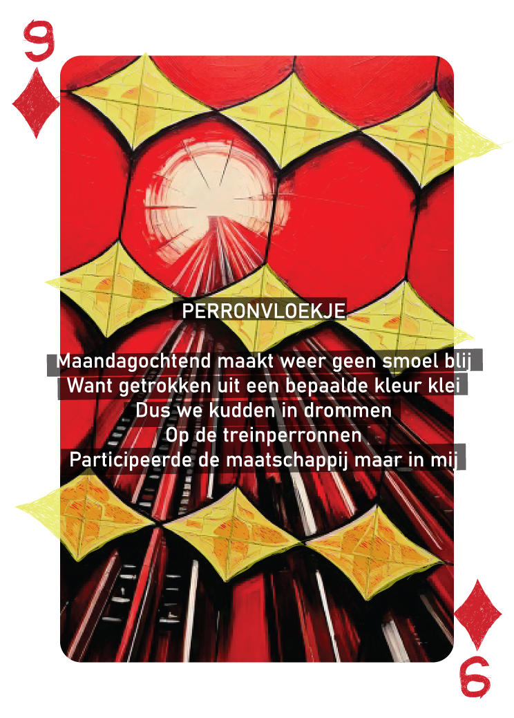 De Ruiten Negen-kaart uit de dichtbundel in kaartendeck-vorm 'Als Een Ravijn Een Richting Is' van René van Densen, waar deze Limerick op afgebeeld staat