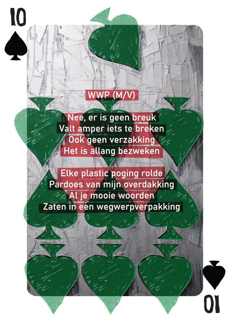 Schoppen tien kaart waarin een tiende schoppen symbool aan het vallen is tussen negen al gevallen symbolen, en daarop dit gedicht afgebeeld