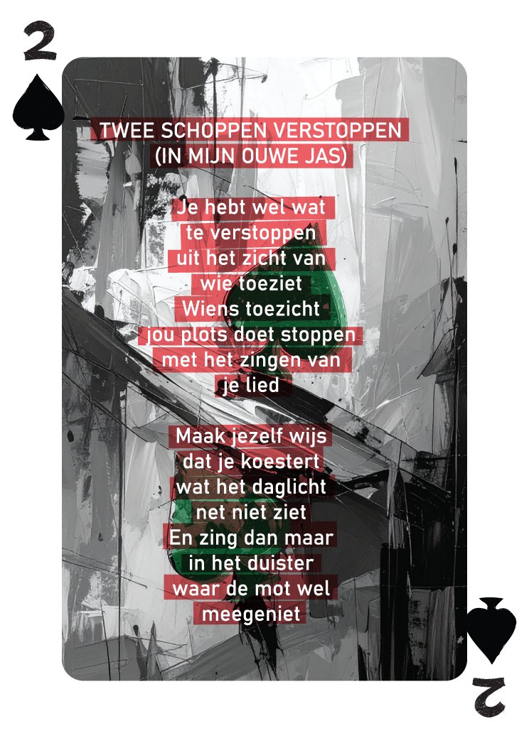 De Schoppen Twee kaart met dit bovenstaand gedicht erop afgebeeld uit de kaarten dichtbundel