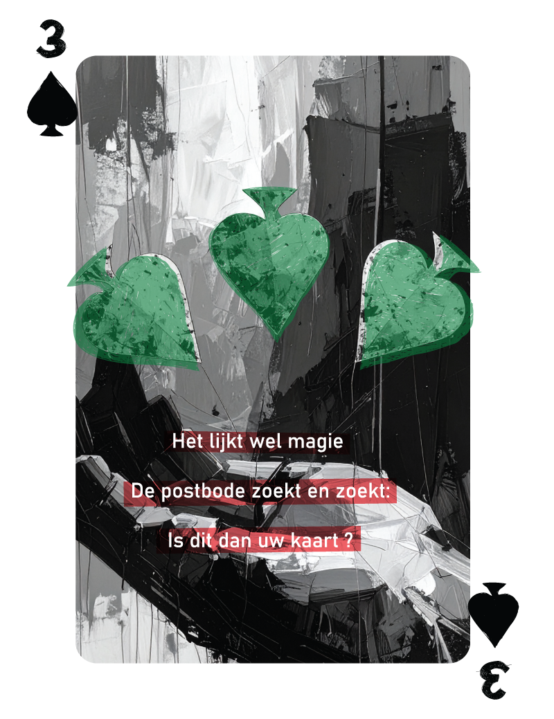 De Schoppen Drie kaart uit het boven vermelde speelkaartendeck met dit gedicht erop afgebeeld