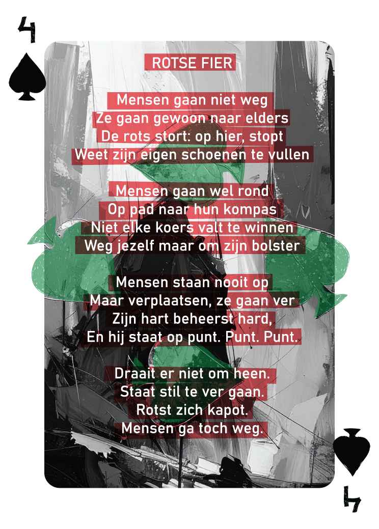 Schoppen vier kaart uit de dichtbundel in speelkaartvorm waar bovenstaand gedicht op is afgedrukt