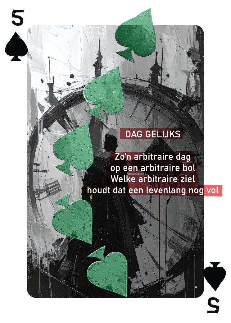 De Schoppen Vijf kaart uit de poëtische dichtbundel met dit gedicht erop