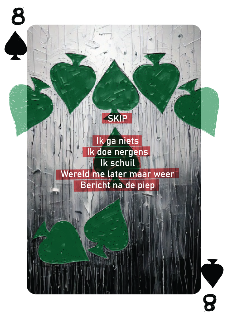 De Schoppen Acht kaart uit de kaartenspel dichtbundel van René van Densen toont dit gedicht met de schoppen symbolen in de vorm van een paraplu erboven