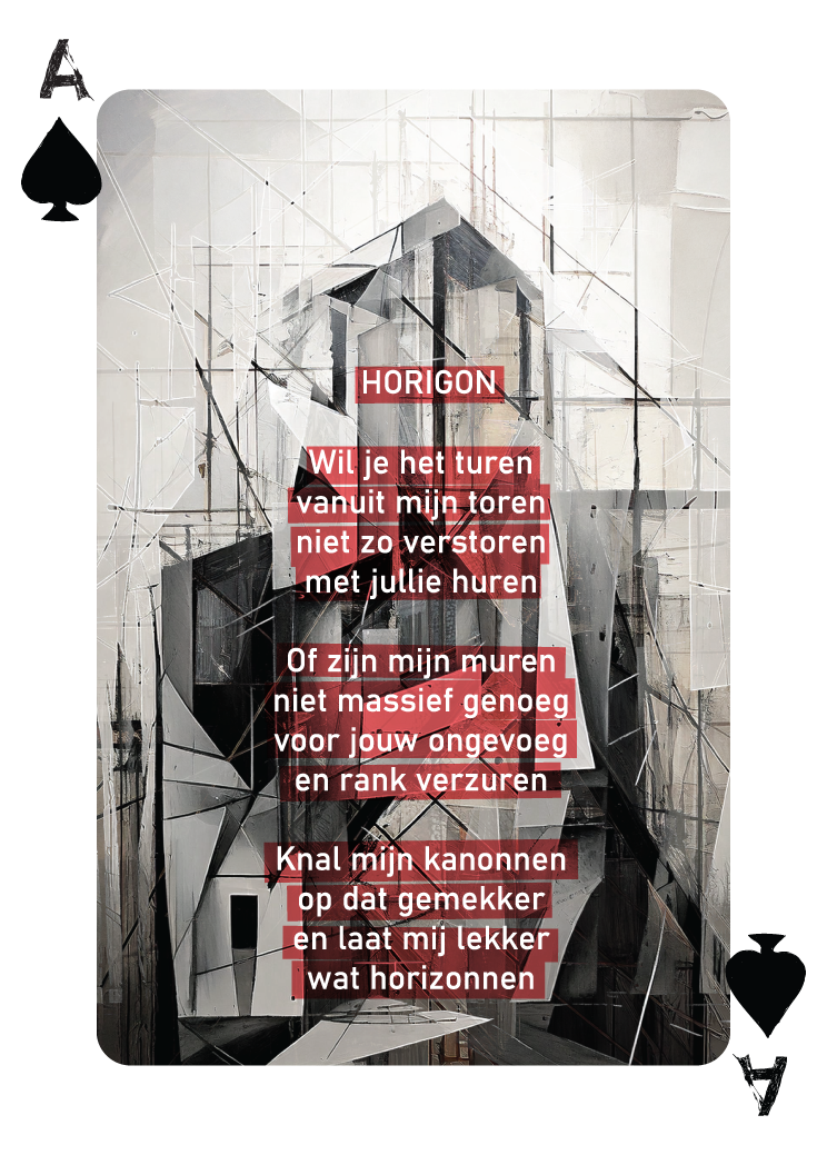 De Schoppen Aas (of Ace of Spades) kaart uit het kaartendeck dat ook een dichtbundel is van René van Densen, waar bovenstaand gedicht op is afgebeeld